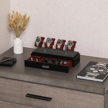 ROTHWELL Luxury Watch Display Case for 4 Watches – Leather Watch Box with Acrylic Cover and Removable Slide in Cushions – Accessory Drawer with Multiple Configurations (Black/Red)