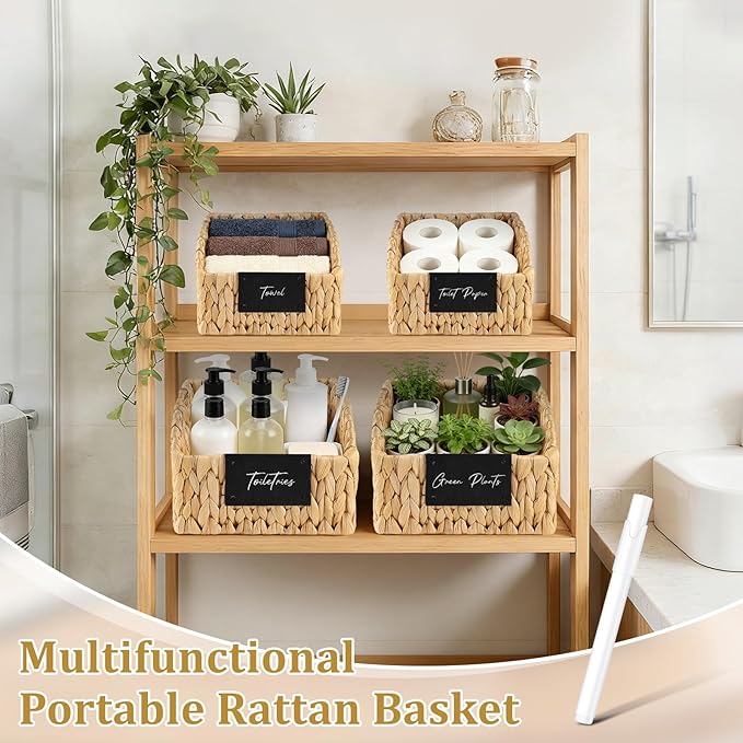 4 Pack Water Hyacinth Pantry Organizers, Wicker Storage Basket with Handles Chalkboard Labels Marker, Woven Storage Baskets for Shelves Kitchen Bedroom Bathroom