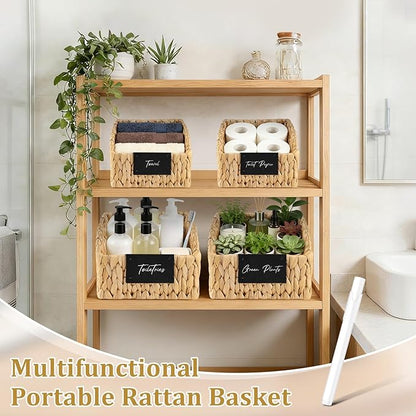 4 Pack Water Hyacinth Pantry Organizers, Wicker Storage Basket with Handles Chalkboard Labels Marker, Woven Storage Baskets for Shelves Kitchen Bedroom Bathroom