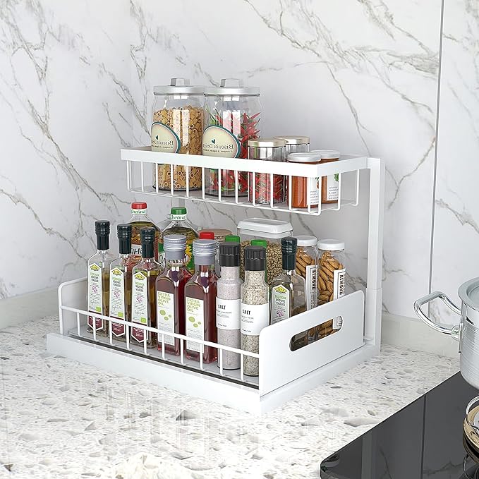 bukfen Under Sink Organizer, Pull Out Home Organizers 2-Tier Slide Out Sliding Shelf Under Cabinet Storage Multi-Use for Under Kitchen Bathroom Sink Organizers and Storage,White,2 Pack