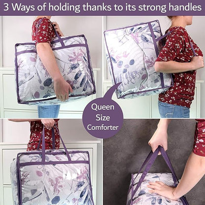 Clear Vinyl Zippered Storage Bags (3-Pack) 40L Sturdy Storage Bags for Sweaters, Blankets, Comforters, Bedding Sets and Much More! (Purple, 18x15x9)