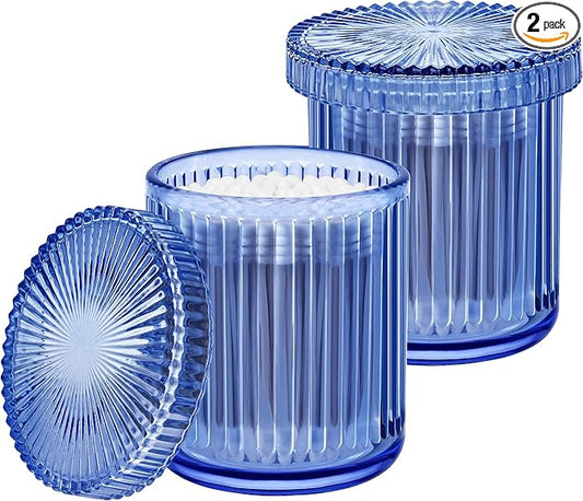MKOSAB 2 Pack Qtip Holder - Apothecary Jars with Lids, Bathroom Organizers and Storage Canister for Cotton Balls,Swabs,Floss Picks,Hair Ties,Clear Glass Vintage Bathroom Decor Jar Set (Blue2)