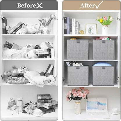 Storage Baskets, 11.8-Inch Woven Fabric Bins, Storage Cubes with Reinforced Handles, Organizer Bins for Closet Shelves, Foldable, for Toys, Clothes, Natural Beige (2PCS/Grey-11.8*11.8*11.8inch)