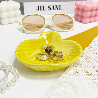 Shell Trinket Dish, Ceramic Jewelry Dish Tray, Cute Organizer Plate for Jewelry, Seashell Jewelry Ring Holder, Birthday Mother's Day Christmas Gift for Women, 3.9", Bright Yellow Iridescent Surface