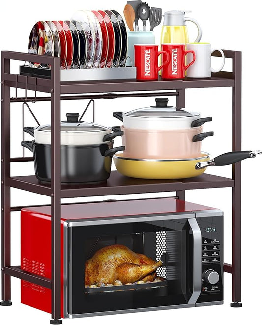 PUSDON Microwave Oven Rack, Adjustable Heavy Duty 3-Tier Shelf with 3 Hooks for Kitchen Counter Top Organizer, Holds 160lbs, Bronze