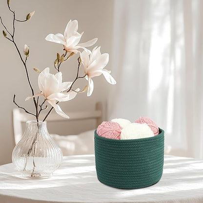 Woven Cotton Storage Baskets - 3-Pack Round Bins (10x10x7'') for Shelves, Closets & Bookcases | Durable Rope Organizers for Nursery, Baby, Toys, Easter & More (dark green)