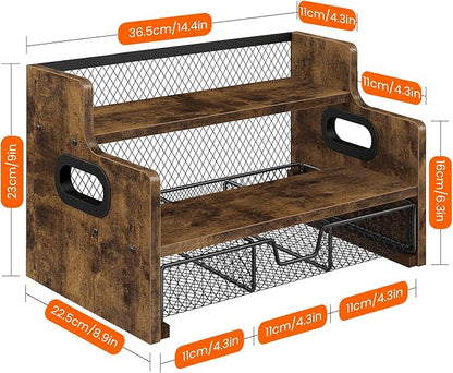 Homode Coffee Syrup Rack Organizer, 3-Tier 8 Bottles Syrup Holder Stand with 35 K Cup Storage Basket Drawer for Coffee Bar, Wood Liquor Shelf Wine Rack Countertop for Home, Rustic Brown