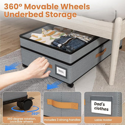 Mqaue Under Bed Storage with Wheels, 72L XXL Under the Bed Storage Containers Large, 10‘’ Tall Adjustable Storage for Underbed with Lids, Rolling for Shoes, Clothes, Blankets, Grey