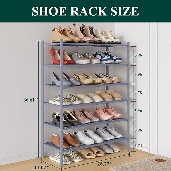Smiry Bamboo Shoe Rack 6-Tier, Stackable Wooden Shoe Organizer for Entryway & Closet, Free Standing Wood Shoe Storage Shelf for Front Door & Small Spaces, Grey
