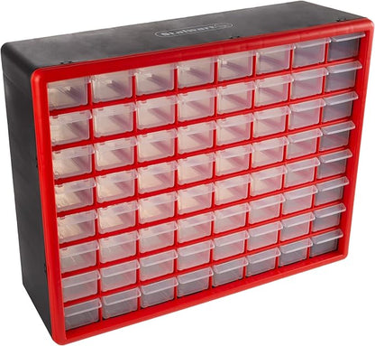 64-Drawer Storage Organizer - Plastic Drawers for Organization - Desktop or Wall-Mounted Container for Hardware, Tools, and Beads by Stalwart (Red)