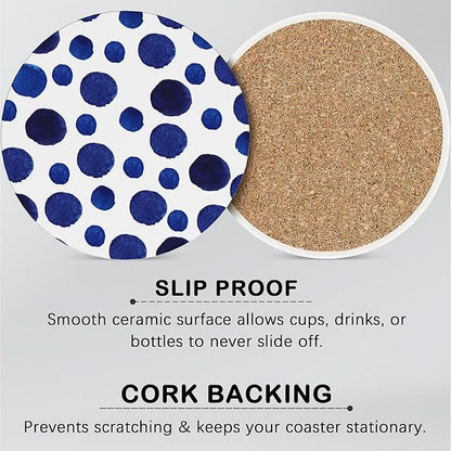 Drink Coasters for Drinks Set of 6,Blue Watercolor Series Absorbent Round Ceramic Stone Mat Coaster,with Cork Base and Metal Holder,Home Bar Decor House Warming Gift