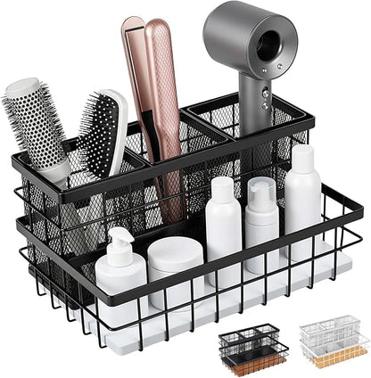 AceOrbit 1 Pcs Hair Tool Organizer Countertop Breathable Metal & Bamboo Hot Tools Organizer Under Sink Bathroom Hair Dryer Holder Countertop Brush Comb Holder,makeup tray (White Bamboo,Black)