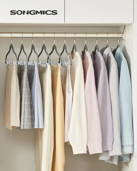 SONGMICS 30 Pack Pants Hangers, 16.7 Inches Long Velvet Trousers Hangers with Adjustable Clips, Heavy-Duty, Non-Slip, Space-Saving for Pants, Skirts, Coats, Dresses, Tank Tops, Gray UCRF12V30