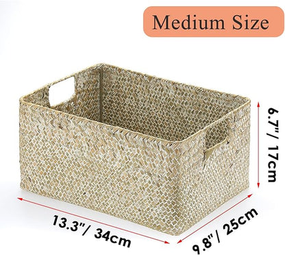 Hipiwe Seagrass Storage Basket Bin Rectangular Handwoven Wicker Storage Box with Handle Opened Baskets for Shelf Organizing Closet Bathroom, 13.3 x 9.8 x 6.7 Inch