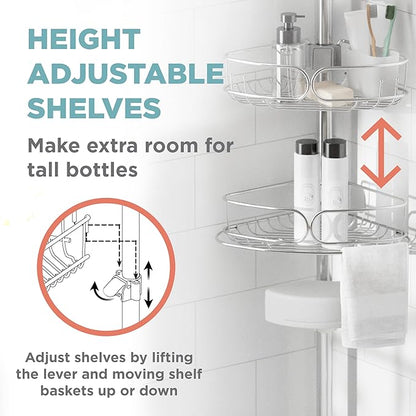 Zenna Home Tension Pole Shower Caddy Corner Organizer, Adjustable Standing Shower Caddy with 4 Shelves, Rustproof Bathroom Tension Rod Organizer, 60 to 108 Inch, Stainless Steel