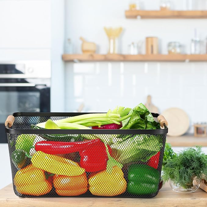 4 Pcs Metal Wire Basket with Wooden Handles Mesh Steel Storage Organizer Bin Containers for Home Cabinet Pantry Closet Kitchen Fridge Fruit Makeup Snacks Gifts (Extra Large,Black)