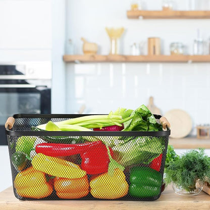 4 Pcs Metal Wire Basket with Wooden Handles Mesh Steel Storage Organizer Bin Containers for Home Cabinet Pantry Closet Kitchen Fridge Fruit Makeup Snacks Gifts (Extra Large,Black)