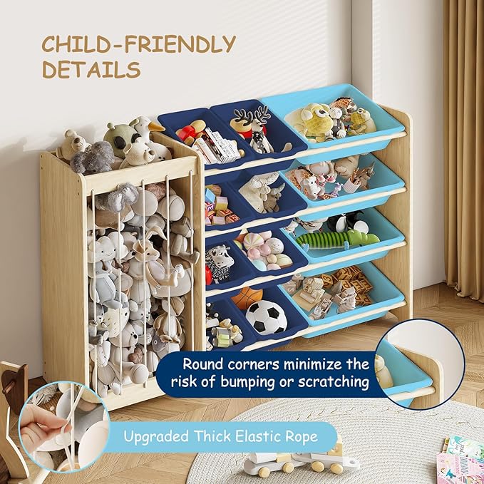 Kids Toy Storage Organizer, 2-in-1 Stuffed Animal Storage & Toy Organizer w/12 Bins, Solid Wood Toy Rack Featuring Thicker Elastic Ropes, Playroom Nursery Bedroom Storage, Blue