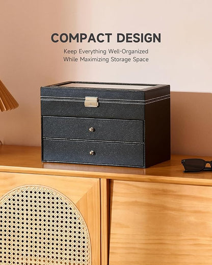 CO-Z Sunglasses Organizer, Leather Eyeglasses Storage Box for Women Men, Lockable Sunglass Display Case Holder with Drawer