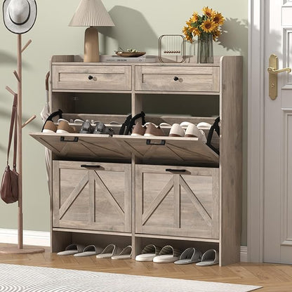 Shoe Cabinet with 4 Flip Drawers & 2 Storage Drawers, Rustic Farmhouse Narrow Shoe Organizer Cabinet, Slim Shoe Rack Cabinet, Shoe Storage Cabinet for Entryway, Hallway, Front Door