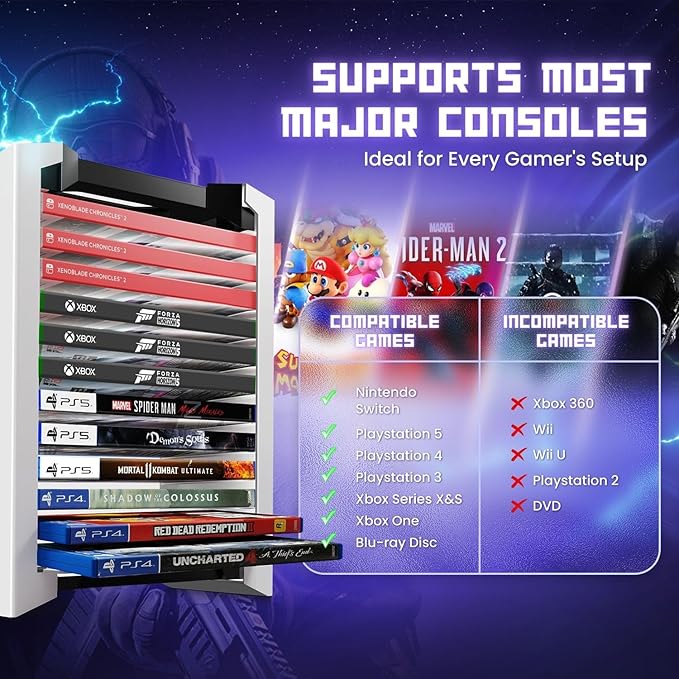 TNP Universal Video Game Storage Tower for PS5, PS4, PS3, Nintendo Switch, Xbox One, Xbox Series S/X - White Video Game Holder Organizer Stand with 12 CD Case Storage for Organizing & Displaying