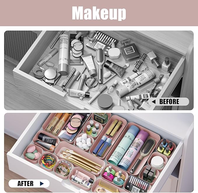 Homhut Plastic Drawer Organizers, 18 PCS Bathroom Drawer Organizer Bins, Desk and Vanity Organizer Plastic Tray, Makeup organizer and storage for Bedroom, Kitchen Gadgets Utensils and Office (Pink)