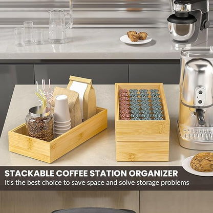 Kitchen Drawer Organizer Bins, Stackable Bamboo Drawer Organizer for Silverware, Flatware, Coffee Pod Organizer K Cup Holder for Countertop, 2 Pcs Coffee Station Organizer 12" x 6" x 2.5"