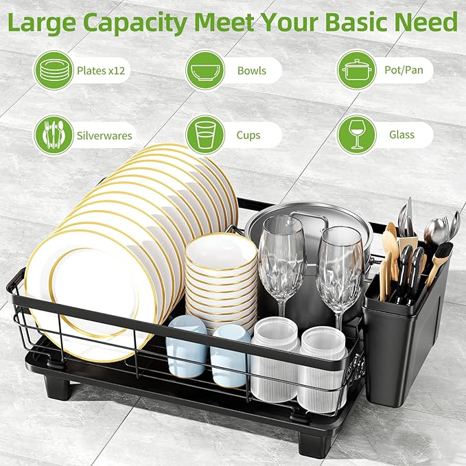 BULIJUJU Small Dish Drying Rack, Space Saving Dish Racks for Kitchen Counter, Kitchen Organizer Dish Drainer with Cutlery Holder for Spoons and Forks, 11''W x 15''L, Black
