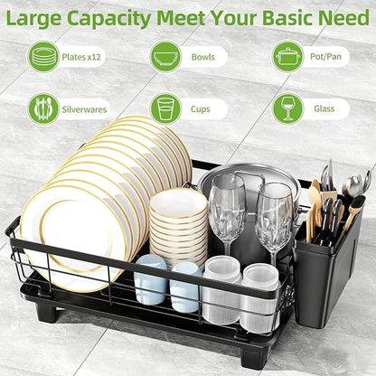 BULIJUJU Small Dish Drying Rack, Space Saving Dish Racks for Kitchen Counter, Kitchen Organizer Dish Drainer with Cutlery Holder for Spoons and Forks, 11''W x 15''L, Black