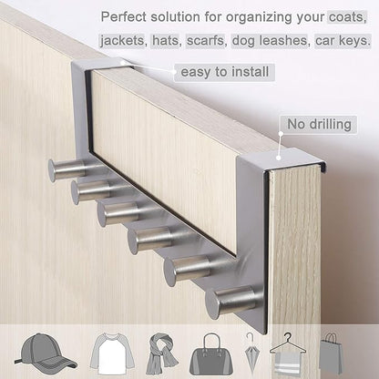 WEBI Over The Door Hooks Door Hanger,Over The Door Towel Rack with 6 Peg Hooks for Hanging,Over Door Coat Rack for Clothes,Back of Bathroom,Silver