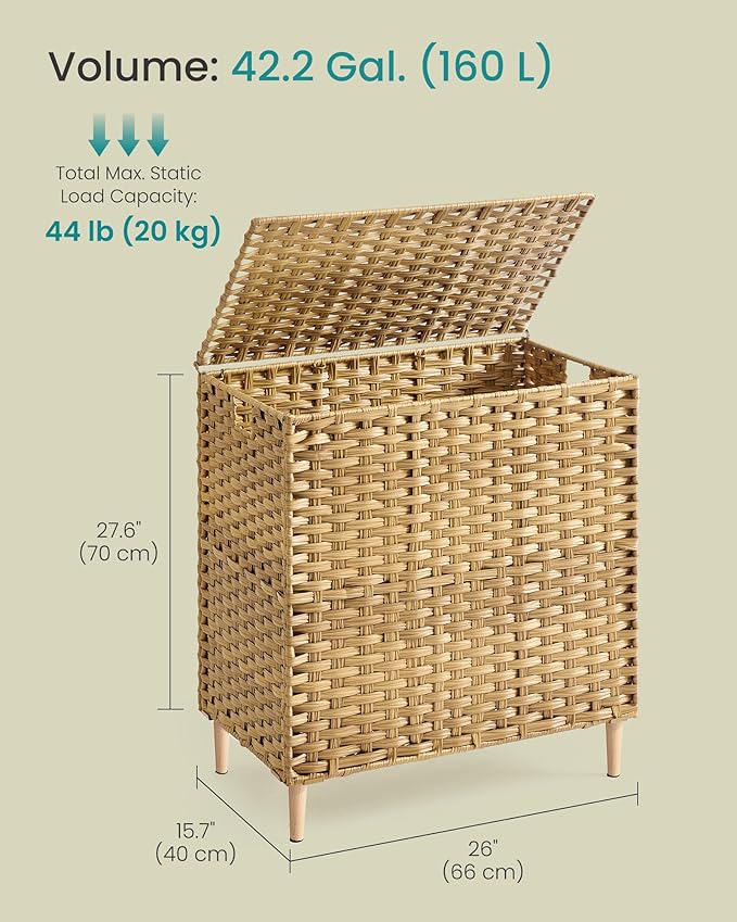 SONGMICS Laundry Hamper with Lid, PE Rattan Laundry Basket with Removable Liner, Storage Basket for Bedroom Living Room, 3-Section Sorter, 42.2 Gallons (160 L), Goose Yellow ULCB223YE01