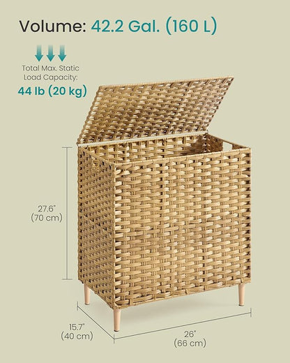 SONGMICS Laundry Hamper with Lid, PE Rattan Laundry Basket with Removable Liner, Storage Basket for Bedroom Living Room, 3-Section Sorter, 42.2 Gallons (160 L), Goose Yellow ULCB223YE01