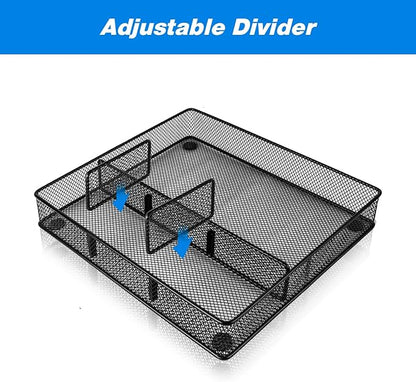 VyGrow Desk Drawer Organizer Tray, Metal Mesh Drawer Organizers Office, 4 Grid with Adjustable Compartment, Desk Organizer Tray for Home Office 12x10.6x1.9 inch Black, 2 Pack
