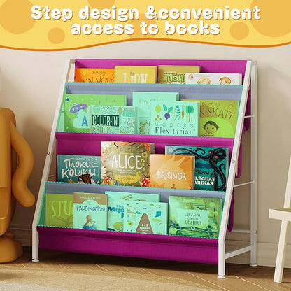 Kids Bookshelf for Kids Rooms, 4-Tier Montessori Bookshelf,Nursery Book Shelves,Pink Toddler Bookshelf, Metal Kid's Book Storage Organizer for Girls Room Furniture Playroom Kindergarten