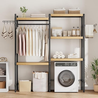 IDEALHOUSE 30" Adjustable Washer Dryer Shelf, 5-Tier Heavy Duty Laundry Organizer with Shelf Capacity, Ventilated Double Wood Shelves(Natural & Black)