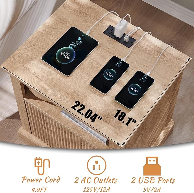 wow97e 22" Large Fluted Nightstand with Charging Station, Modern End Table, Wood Side Table w/Open Shelf & Spacious Tabletop, Bedside Table with Storage Space for Bedroom, Living Room-Natural
