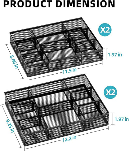 Marbrasse 2 Pack Desk Drawer Organizer, Mesh Drawer Organizer Tray with 8 Adjustable Compartments, Desk Organizers and Accessories, 5 Dividers Drawer for Office Supplies, Makeup & Vanity (Black-2P)
