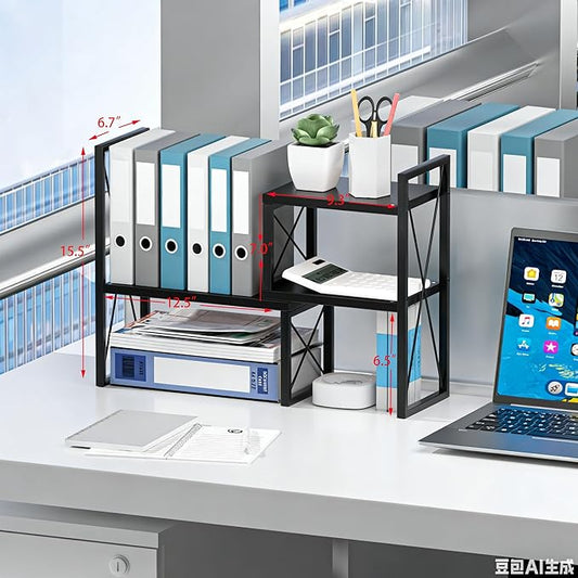 Desktop Shelf Organizer,Small Bookshelf for Office,Wood Desk Top Shelves, Office Organization and Storage (Black)