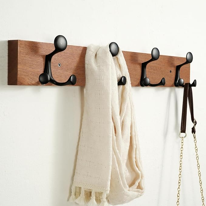 SKOLOO 24-Inch Wood Coat Rack Wall Mount with 4 Triple Hooks - Ideal for Family Entrances, Classrooms, and Pet Supplies Storage - Perfect Coat Hooks for Wall,Mahogany (Sapele), Pack of 2