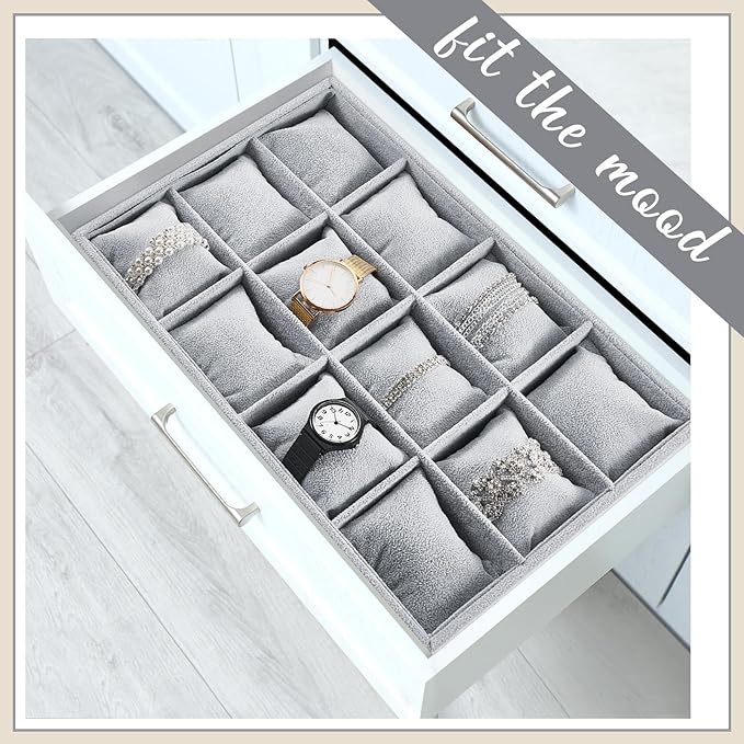Henoyso 2 Pieces 12 Grid Velvet Watch Tray Jewelry Organizer Stackable Watch Bracelet Bangle Display Holder Adjustable Pillow (Gray)
