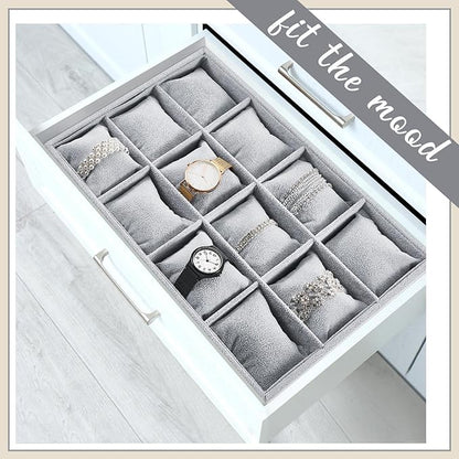 Henoyso 2 Pieces 12 Grid Velvet Watch Tray Jewelry Organizer Stackable Watch Bracelet Bangle Display Holder Adjustable Pillow (Gray)