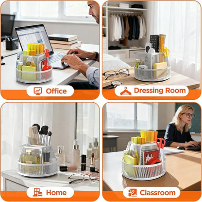 Docnest Mesh 360 Degree Rotating Pen Holder with 6 Compartment,Metal Pencil Cup Art Supply Storage Box Caddy,Teacher Stationery and Dorm Supplies Desk Organizer for Pencil,Sticky Note,Scissors-White