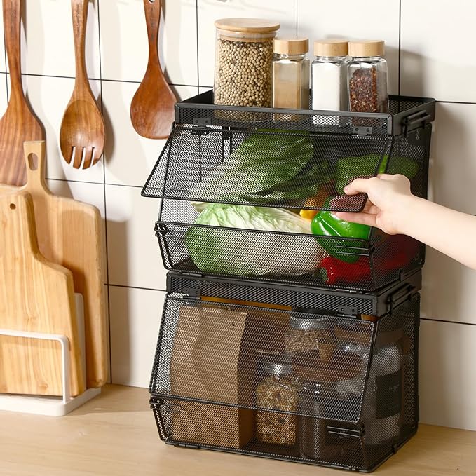 2 Pcs Stackable Mesh Fruit Basket with Lid Wall Produce Vegetable Storage Basket Onion Potato Snack Hanging Metal Wire Container for Kitchen Counter Pantry(Removable,Black,7.1" w & 11.8" l)