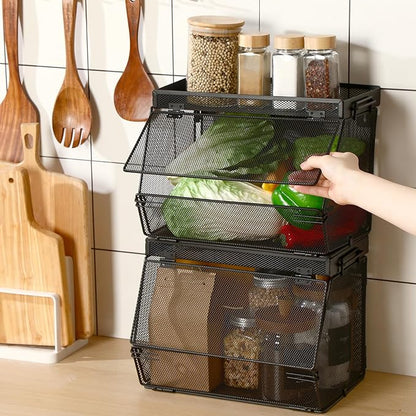 2 Pcs Stackable Mesh Fruit Basket with Lid Wall Produce Vegetable Storage Basket Onion Potato Snack Hanging Metal Wire Container for Kitchen Counter Pantry(Removable,Black,7.1" w & 11.8" l)