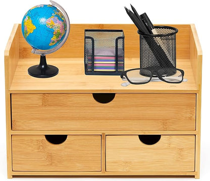 RoyalHouse Premium Natural Bamboo Desktop Organizer, Attractive Design 3 Tier, Table Top Storage for Documents & Office Supplies, Accessories And More, No Assembly Required (3 Drawer with Shelf)