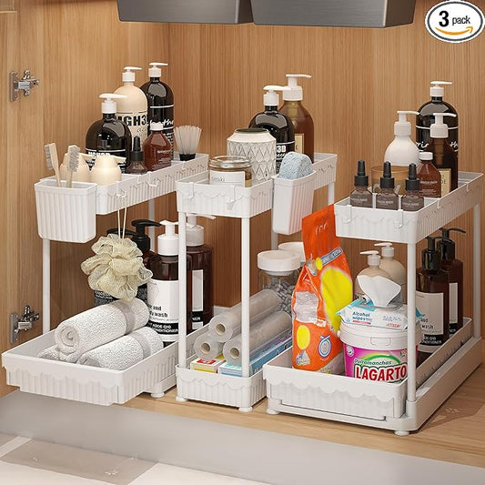 3 Pack Multi-Purpose Under Sink Organizers and Storage, 2026 L-Shaped Pull Out Cabinet Organizer for Bathroom & Kitchen, Under Cabinet Organizer with Hooks Hanging Cup, White, 14.85 inch