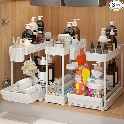 3 Pack Multi-Purpose Under Sink Organizers and Storage, 2026 L-Shaped Pull Out Cabinet Organizer for Bathroom & Kitchen, Under Cabinet Organizer with Hooks Hanging Cup, White