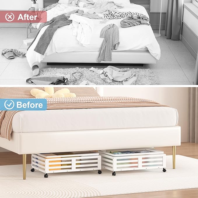Wisuce Home Under Bed Storage Containers With Wheels - 2 Pcs Bamboo Wood Rolling Underbed Shoe Storage Bins With Dust Bags for Clothes Blankets, Duvet Covers Snacks Toys (White)