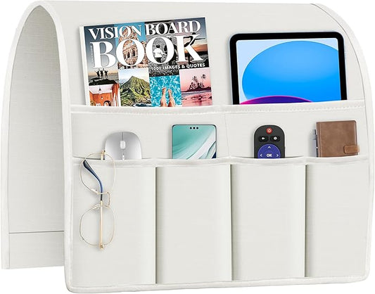 Guken Armchair Caddy Remote Control Holder, Recliner Armchair Caddy Linen Fabric Couch Remote Organizer with 6 Pocket Storage for Magazine, Tablet, Phone, iPad and More, Ivory