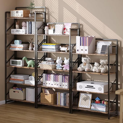 JSB No Assembly Folding Bookshelf, 6 Tier Industrial Metal Book Shelf for Storage, Vintage Wood Foldable Bookcase for Living Room, Bedroom, Office Organization Shelves
